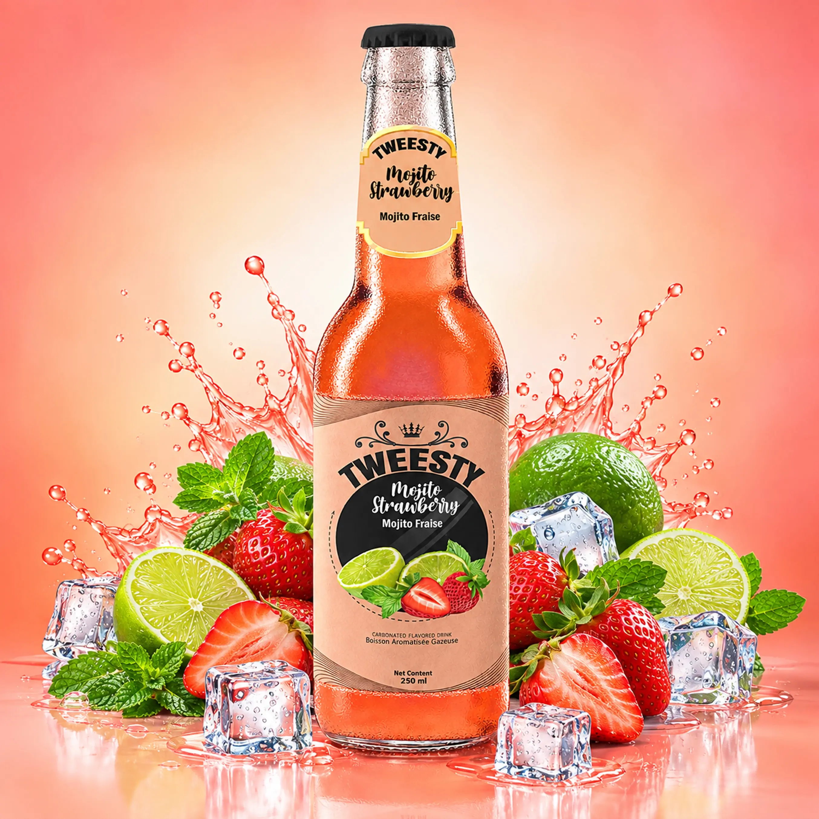 TWEESTY Mojito Strawberry carbonated flavoured drink 250ml glass bottle with strawberry, lime, mint, ice and splash